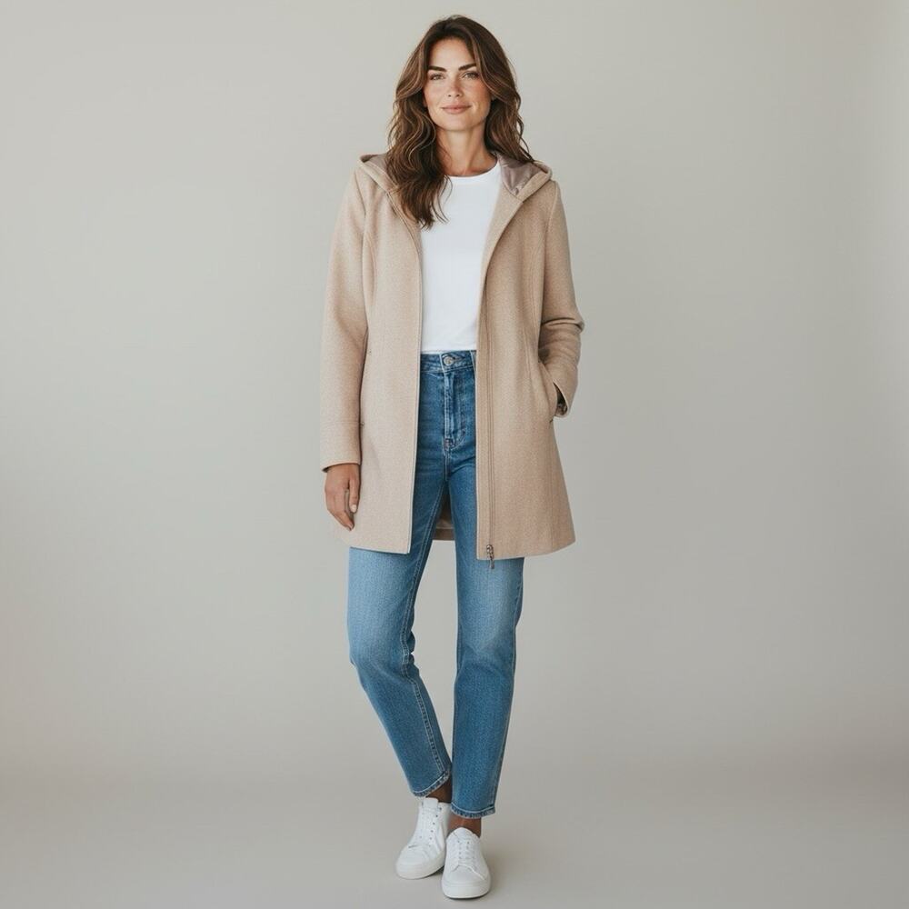 Trending Vince Camuto hooded faux wool women's zip Jacket Mid length Tan